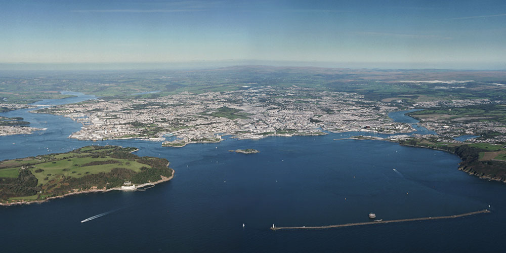 Aerial view of Plymouth Sound and local estuaries