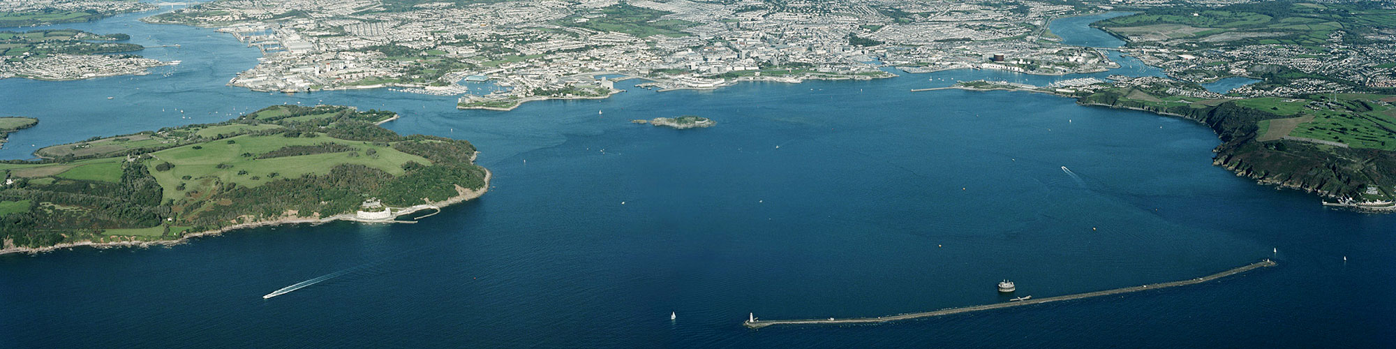 Aerial view of Plymouth Sound looking towards the city
